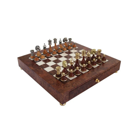 Handmade Brass and Wood Chess Set, Elm Board with Drawer, Made in Italy