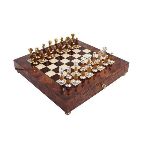 Luxury Italian Handmade Brass and Wood Chess Set, Elm Board Drawer