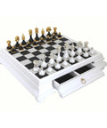 Luxury Brass and Wood Chess Set, Marble Board, Handmade in Italy, Storage Drawer