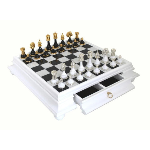 Luxury Brass and Wood Chess Set, Marble Board, Handmade in Italy, Storage Drawer