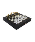 Luxury Gold Silver Brass and Wood Chess Set, Handmade Italian Board with Drawer