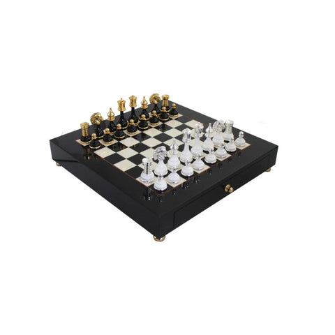 Luxury Gold Silver Brass and Wood Chess Set, Handmade Italian Board with Drawer
