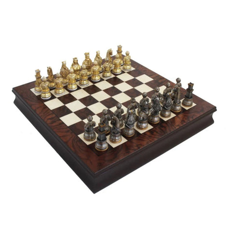 Medieval Pewter Chess Set, Walnut Board with Storage, Gold and Silver Plated, Italy