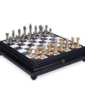 Handmade Metal Chess Set, Marble Wood Board, Drawer, Gold and Silver, Italy