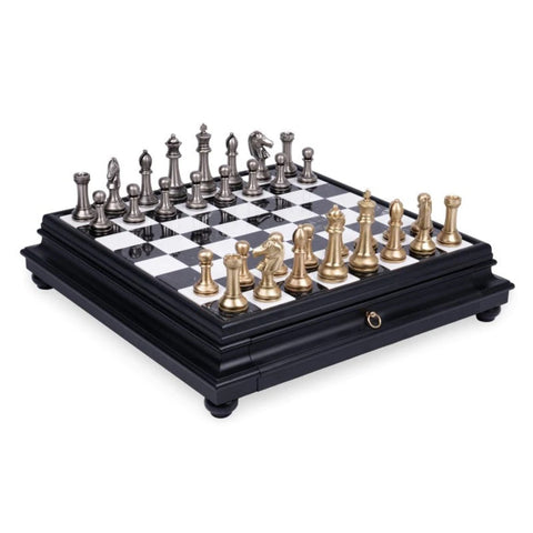 Handmade Metal Chess Set, Marble Wood Board, Drawer, Gold and Silver, Italy
