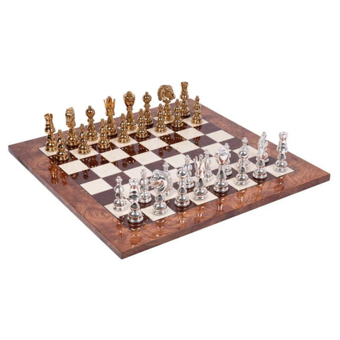 Handmade Brass Chess Set, Gold and Silver Plated, Italian Elm Wood Board