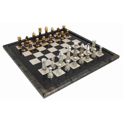 Handmade Brass Chess Set, Gold and Silver Plated, Wooden Board, Made in Italy