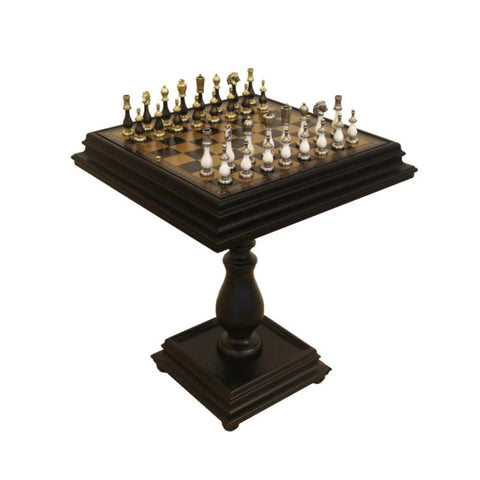 Arabic Style Chess Set with Storage Table, Metal and Wood, Gold Silver Italy