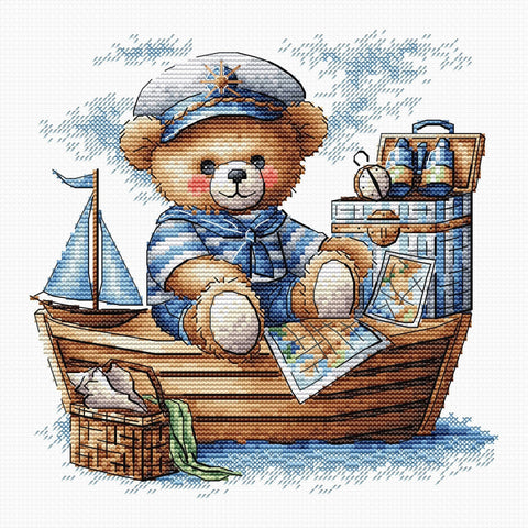 Captain Bear at Sea Cross Stitch Kit, AVA Stitch, 16 ct Aida, 6.5 Inch Design, Luca-S and DMC Threads