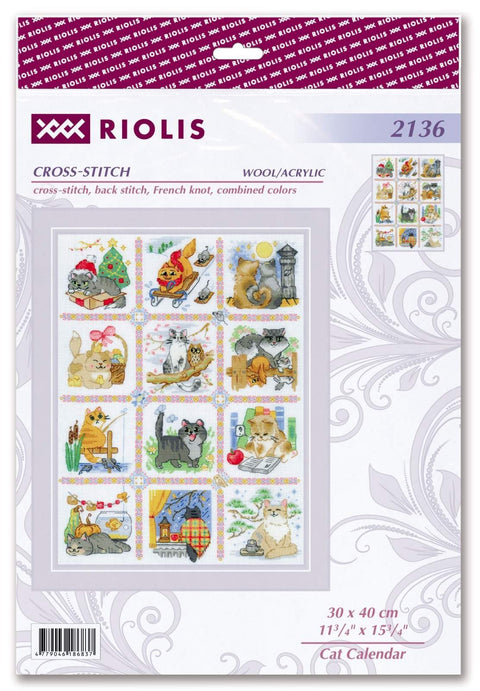 Cat Calendar. Cross Stitch kit by RIOLIS Ref. no.: 2136 - Hobby.lt 🇬🇧