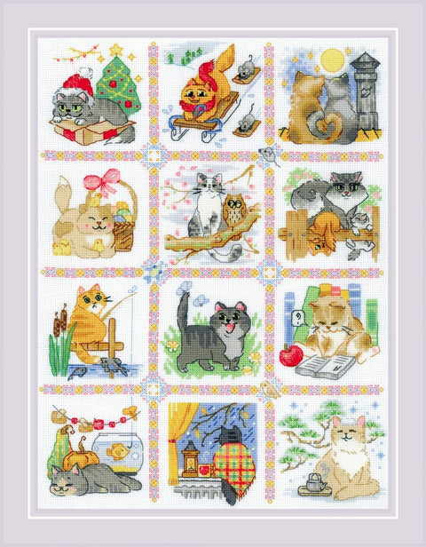 Cat Calendar. Cross Stitch kit by RIOLIS Ref. no.: 2136 - Hobby.lt 🇬🇧