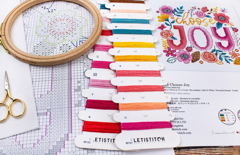 Choose Joy Cross Stitch Kit, 15 x 14 cm, LetiStitch, Zweigart Aida 16ct, 100% Luca-S Cotton Threads