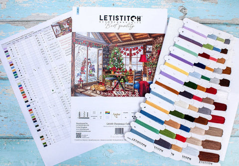 Christmas Cabin Cross Stitch Kit, LetiStitch 43x29 cm, Zweigart Aida 16ct, 100% Anchor Cotton Threads, Black Symbol Chart