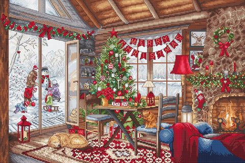 Christmas Cabin Cross Stitch Kit, LetiStitch 43x29 cm, Zweigart Aida 16ct, 100% Anchor Cotton Threads, Black Symbol Chart