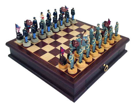 CIVIL WAR: Handpainted Chess Set with Beautiful Rare Wood Chessboard-Box