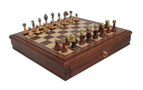 Classic Metal Chess Set with Beautiful Walnut Chess Board/Box