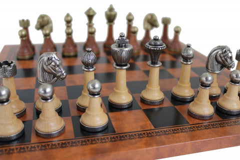 CLASSIC Metal & Wood Chess Set with Brown/Black Leatherette Chessboard