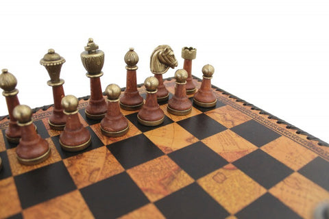 CLASSIC Metal & Wood Chess Set with Brown/Black Leatherette Chessboard II