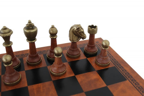 CLASSIC Metal & Wood Chess Set with Brown/Black Leatherette Chessboard