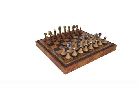 CLASSIC Metal & Wood Chess Set with Brown/Black Leatherette Chessboard II