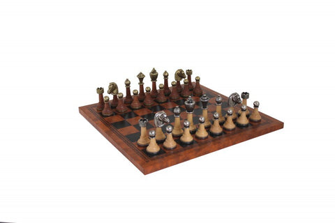 CLASSIC Metal & Wood Chess Set with Brown/Black Leatherette Chessboard