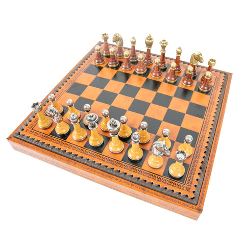 CLASSIC Wood/Metal Chess Set + Leatherette Chess Board + Chess Box + Chess