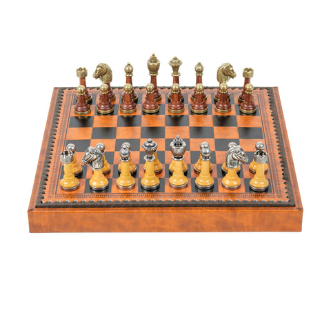 CLASSIC Wood/Metal Chess Set + Leatherette Chess Board + Chess Box + Chess