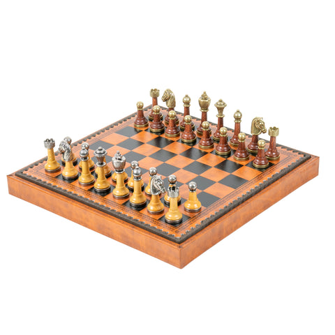 CLASSIC Wood/Metal Chess Set + Leatherette Chess Board + Chess Box + Chess