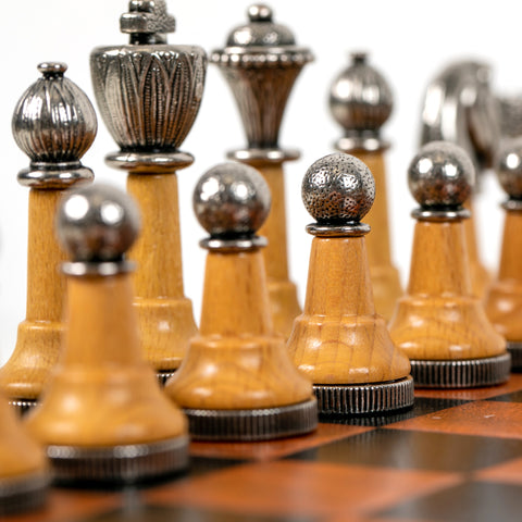 CLASSIC Wood/Metal Chess Set + Leatherette Chess Board + Chess Box + Chess