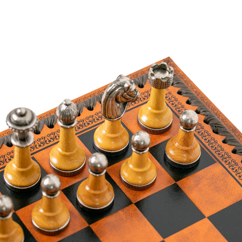 CLASSIC Wood/Metal Chess Set + Leatherette Chess Board + Chess Box + Chess