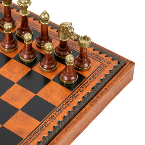 CLASSIC Wood/Metal Chess Set + Leatherette Chess Board + Chess Box + Chess