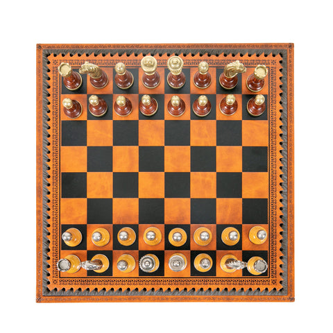 CLASSIC Wood/Metal Chess Set + Leatherette Chess Board + Chess Box + Chess