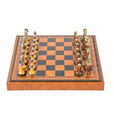 CLASSIC Wood/Metal Chess Set + Leatherette Chess Board + Chess Box + Chess - Hobby.lt 🇬🇧