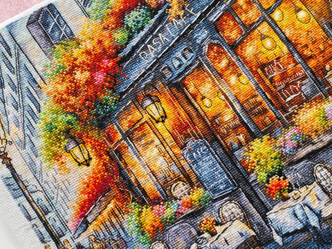 Autumn Coffee Cross Stitch Kit, 29x29 cm, Aida 16, AVA Stitch, Coffee and Fall Design, 65 Colors, Luca-S and DMC Threads