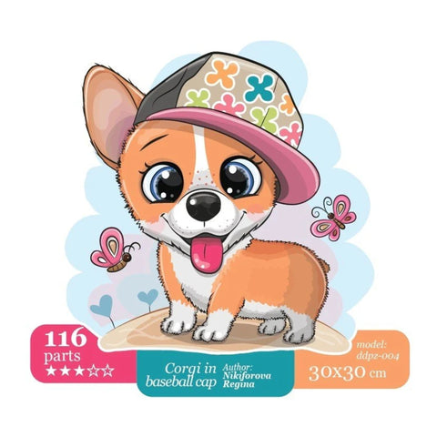 Corgi in baseball cap - unique WOODEN puzzle 116 pcs