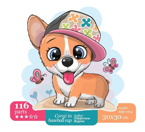 Corgi in baseball cap - unique WOODEN puzzle 116 pcs - Hobby.lt 🇬🇧