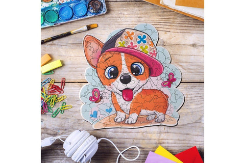 Corgi in baseball cap - unique WOODEN puzzle 116 pcs - Hobby.lt 🇬🇧