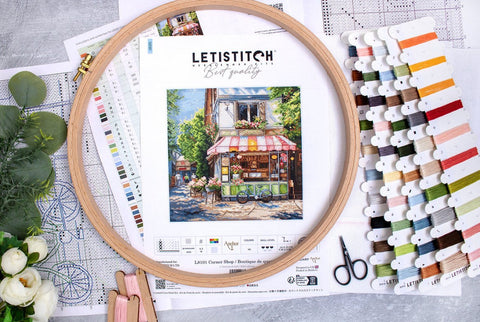 Cross Stitch Kit Corner Shop 24x24 cm, LetiStitch, Zweigart Aida 16ct, 100% Anchor Cotton Threads, Luca-S Edition