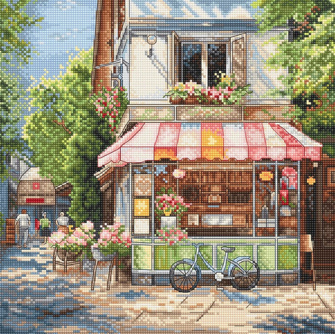 Cross Stitch Kit Corner Shop 24x24 cm, LetiStitch, Zweigart Aida 16ct, 100% Anchor Cotton Threads, Luca-S Edition
