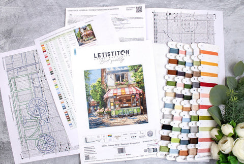 Cross Stitch Kit Corner Shop 24x24 cm, LetiStitch, Zweigart Aida 16ct, 100% Anchor Cotton Threads, Luca-S Edition