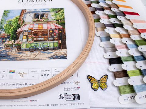 Cross Stitch Kit Corner Shop 24x24 cm, LetiStitch, Zweigart Aida 16ct, 100% Anchor Cotton Threads, Luca-S Edition