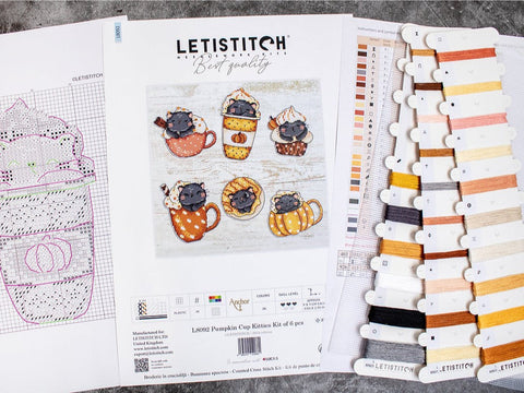 Cross Stitch Kit of 6 Pumpkin Cup Kitties, LetiStitch, 9x7 cm Each, 14 Count Plastic Canvas, Anchor Cotton Threads