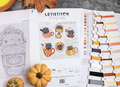 Cross Stitch Kit of 6 Pumpkin Cup Kitties, LetiStitch, 9x7 cm Each, 14 Count Plastic Canvas, Anchor Cotton Threads
