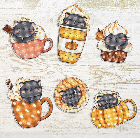 Cross Stitch Kit of 6 Pumpkin Cup Kitties, LetiStitch, 9x7 cm Each, 14 Count Plastic Canvas, Anchor Cotton Threads