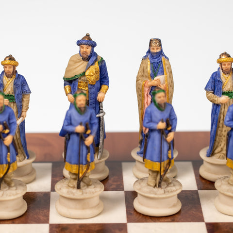 CRUSADE SET: Handpainted Chess Set Leatherette Chessboard & Box + Checker Set