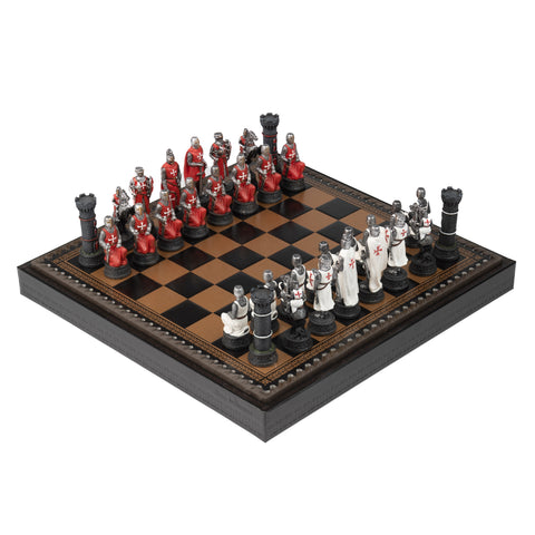 CRUSADERS: Handpainted Chess Set with Leatherette Chessboard + CHECKER SET