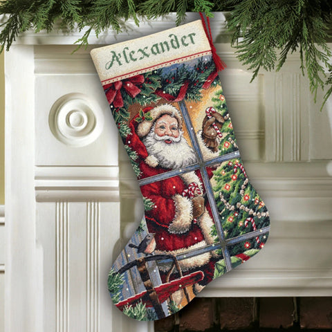 Cross Stitch Christmas Stocking Kit with Santa and Candy Cane, Dimensions, 41 cm, Aida Cotton, Beginner Friendly