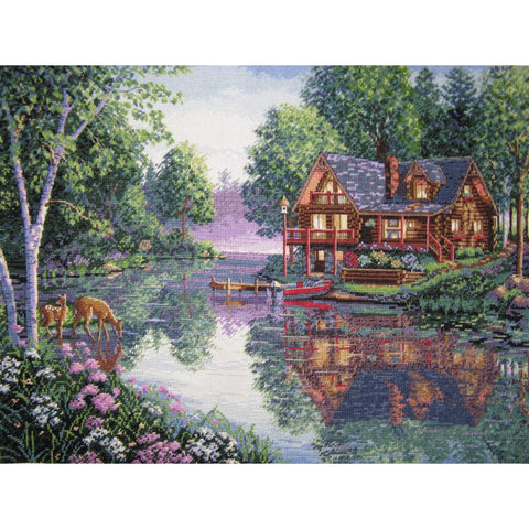Dimensions Cabin Fever Cross Stitch Kit, Mountain Cabin in the Woods, Embroidery Fabric, Floss, Needle, Chart and Instructions