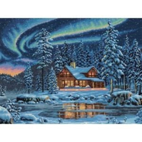 Dimensions Aurora Cabin Cross Stitch Kit, Scenic Landscape Embroidery Set with Aida Fabric, Cotton Threads, Needle and Chart, Intermediate Level
