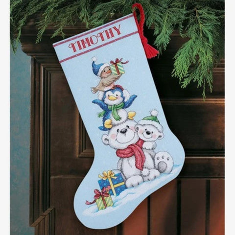 Christmas Stocking Cross Stitch Kit, Stack of Critters Animal Design, Colorful Festive Holiday Decor, Dimensions DIY Needlepoint Kit
